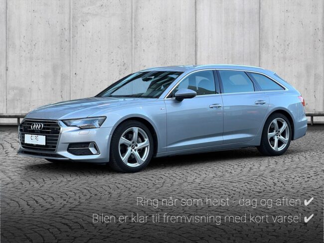 Sølvmetal Audi A6 TFSi Avant quattro S-tr. fra 2021 parkeret foran en betonmur. CORE Leasing A/S er eksperter i Audi leasing.