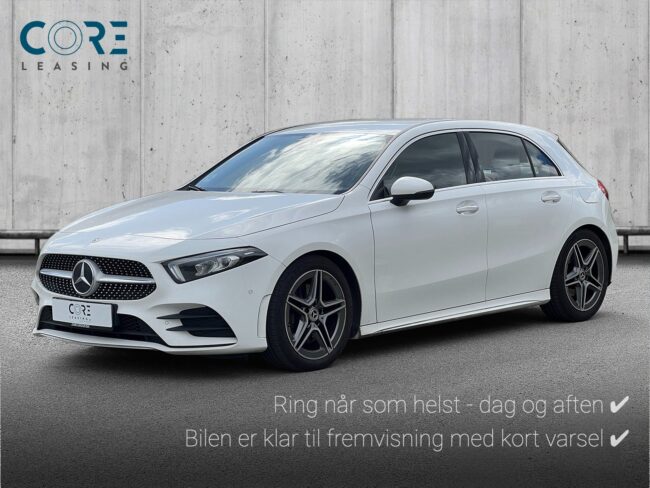 Hvid Mercedes A220 d AMG Line aut. fra 2020 parkeret foran en betonmur. CORE Leasing A/S er eksperter i Mercedes leasing.