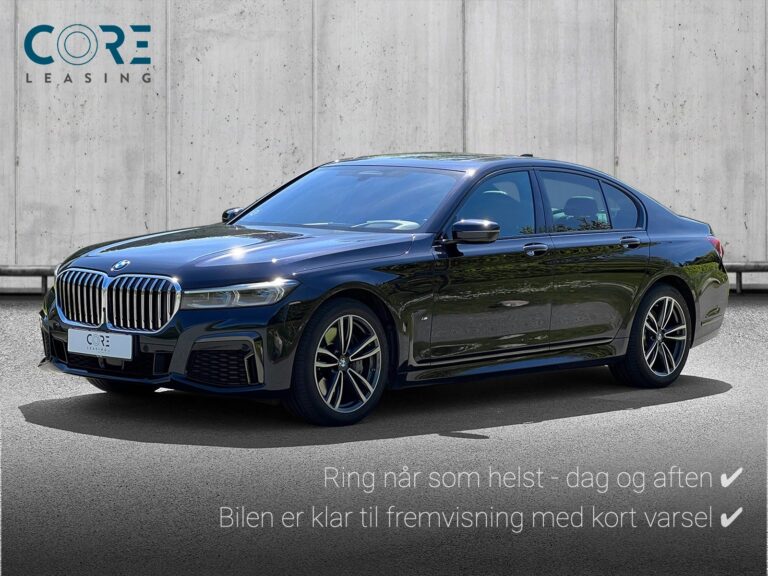 Sortmetal BMW 740d xDrive aut. fra 2019 parkeret foran en betonmur. CORE Leasing A/S er eksperter i BMW leasing.